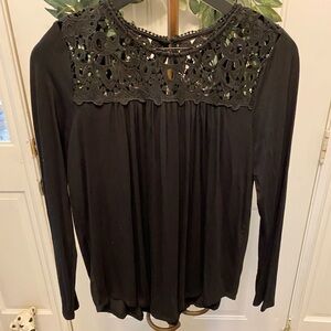 NWT Philosophy Crochet Lace High Neck Soft Jersey Knit Top Black LS S